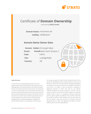 Zertifikat für den Domainbesitz mit Logo und wichtigen Registrierungsdetails.